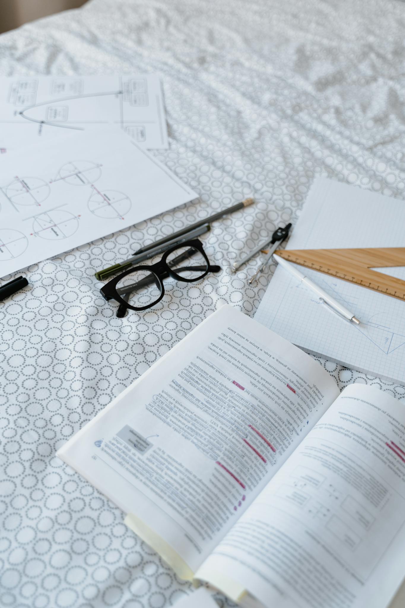 An organized study space with books, glasses, and stationery on a bed, ideal for remote learning and home study.